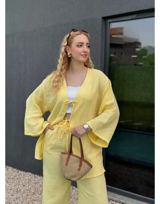 Ferina Pastel Sarı Muslin Ön Bağlamalı Kimono Takım