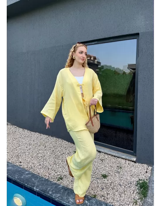 Ferina Pastel Sarı Muslin Ön Bağlamalı Kimono Takım
