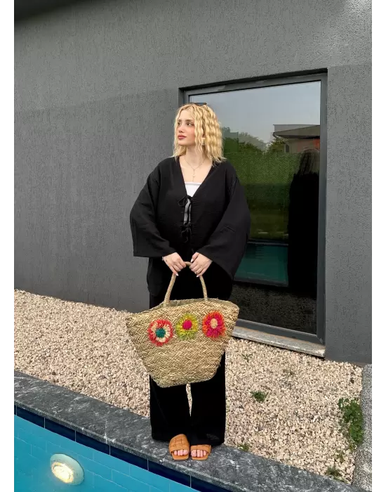 Ferina Siyah Muslin Ön Bağlamalı Kimono Takım