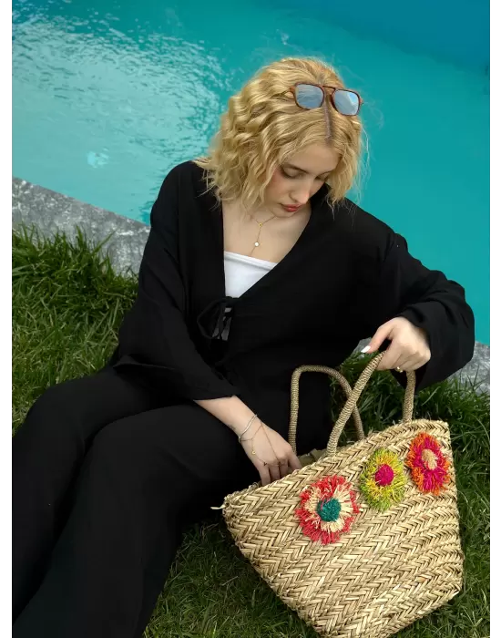 Ferina Siyah Muslin Ön Bağlamalı Kimono Takım