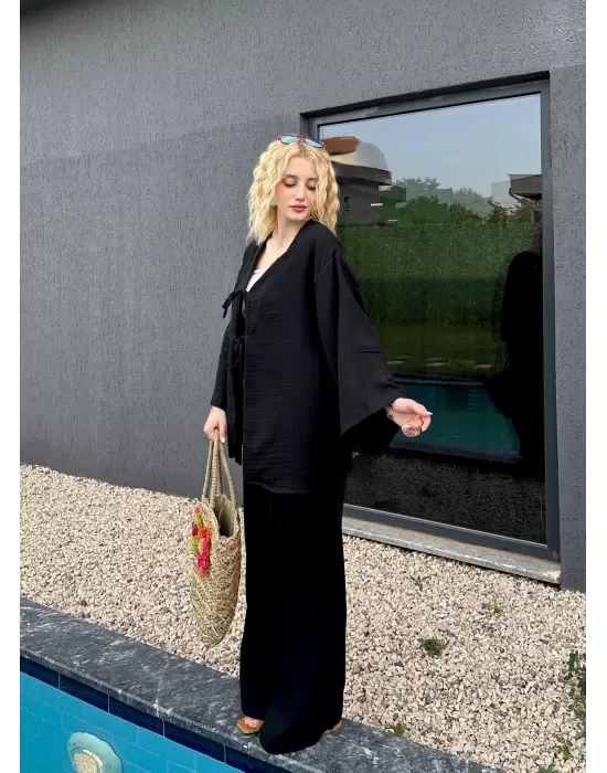 Ferina Siyah Muslin Ön Bağlamalı Kimono Takım