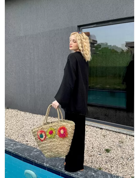 Ferina Siyah Muslin Ön Bağlamalı Kimono Takım