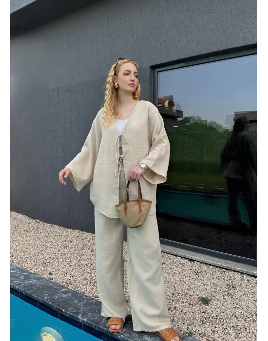 Ferina Taş Muslin Ön Bağlamalı Kimono Takım