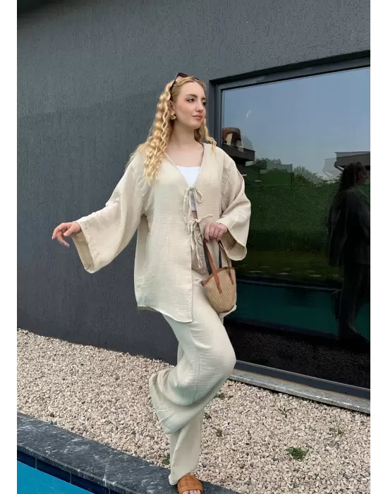 Ferina Taş Muslin Ön Bağlamalı Kimono Takım