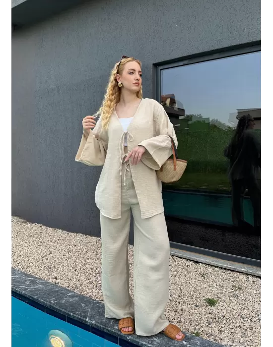 Ferina Taş Muslin Ön Bağlamalı Kimono Takım