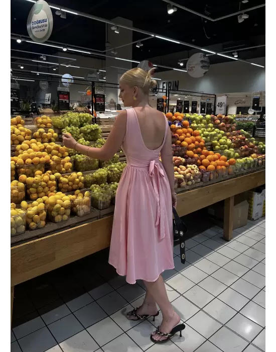 Fiona Pembe Kurdele Detay Korseli Midi Boy Elbise