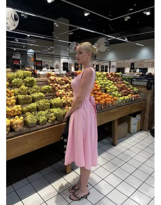 Fiona Pembe Kurdele Detay Korseli Midi Boy Elbise