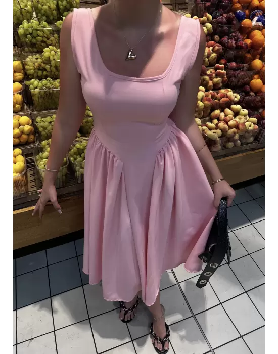 Fiona Pembe Kurdele Detay Korseli Midi Boy Elbise
