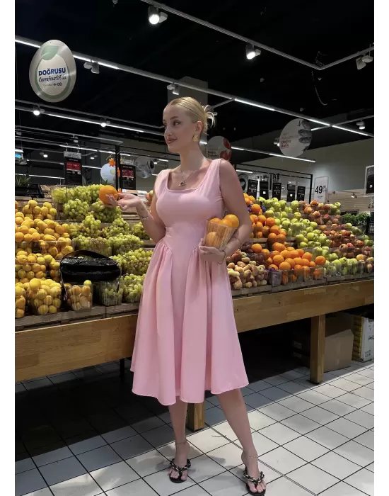 Fiona Pembe Kurdele Detay Korseli Midi Boy Elbise