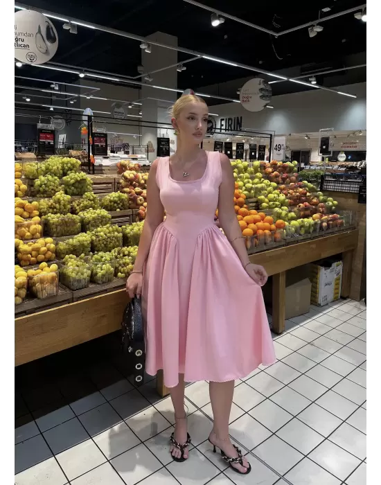 Fiona Pembe Kurdele Detay Korseli Midi Boy Elbise