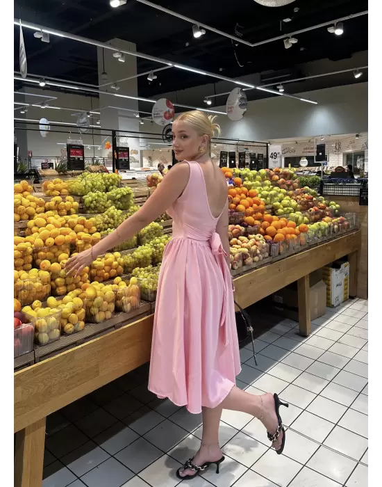 Fiona Pembe Kurdele Detay Korseli Midi Boy Elbise