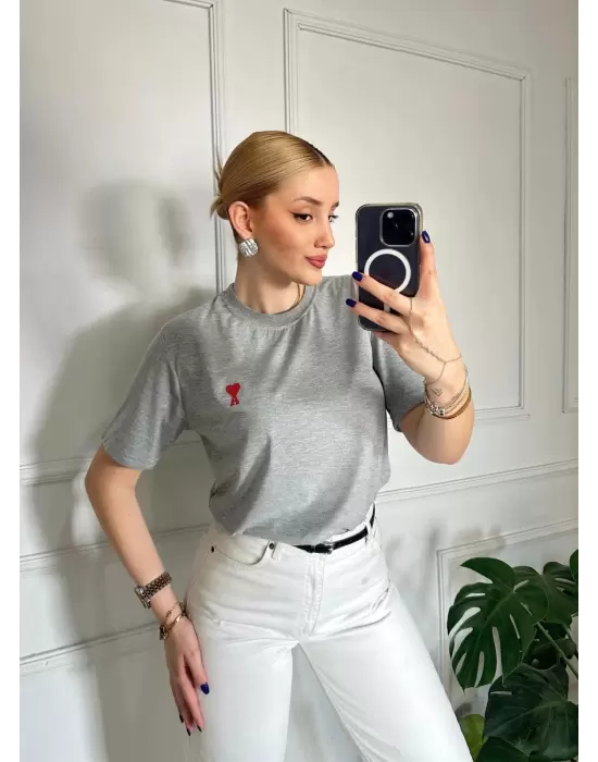 Kalp Nakış Orijinal Marka Oversize Pamuk Gri Tshirt