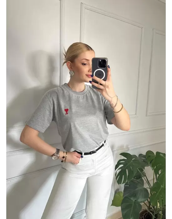 Kalp Nakış Orijinal Marka Oversize Pamuk Gri Tshirt