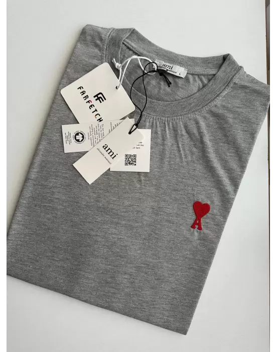 Kalp Nakış Orijinal Marka Oversize Pamuk Gri Tshirt