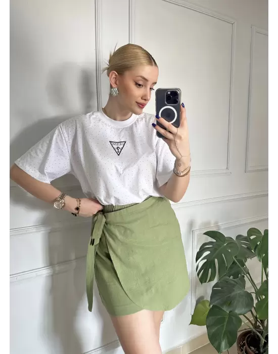 Lavina Haki Müslin Bağlamalı Şort Etek