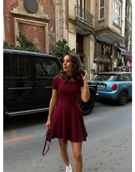 Mireva Bordo Volanlı Kısa Kol Modal Elbise