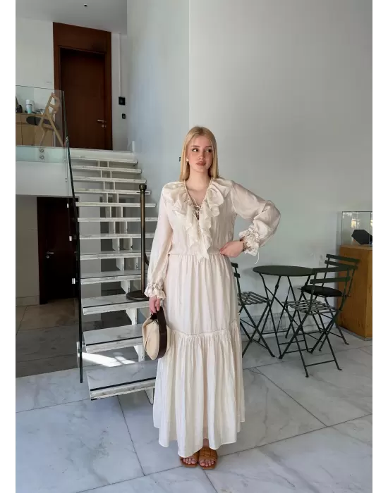 Olivette Fırfırlı Premium Astarlı Tam Boy Elbise