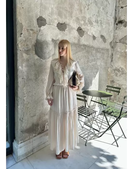 Olivette Fırfırlı Premium Astarlı Tam Boy Elbise