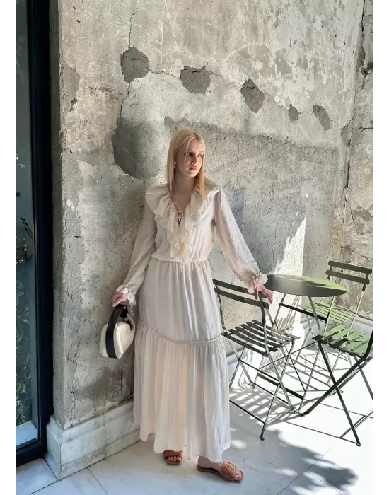 Olivette Fırfırlı Premium Astarlı Tam Boy Elbise