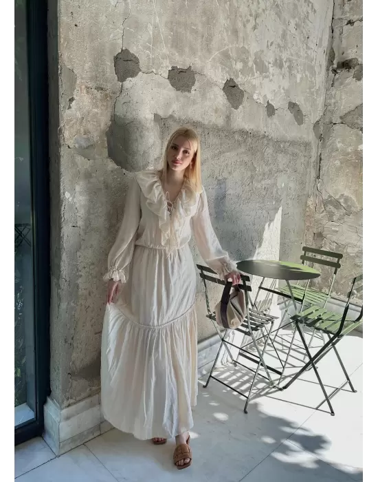 Olivette Fırfırlı Premium Astarlı Tam Boy Elbise