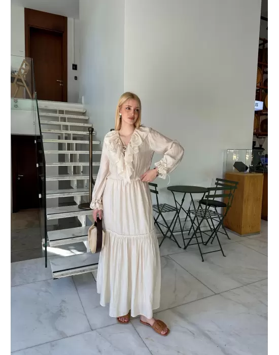 Olivette Fırfırlı Premium Astarlı Tam Boy Elbise