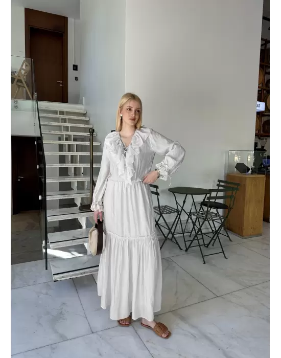 Olivette Kırık Beyaz Fırfırlı Premium Astarlı Tam Boy Elbise
