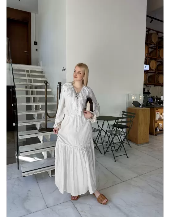 Olivette Kırık Beyaz Fırfırlı Premium Astarlı Tam Boy Elbise