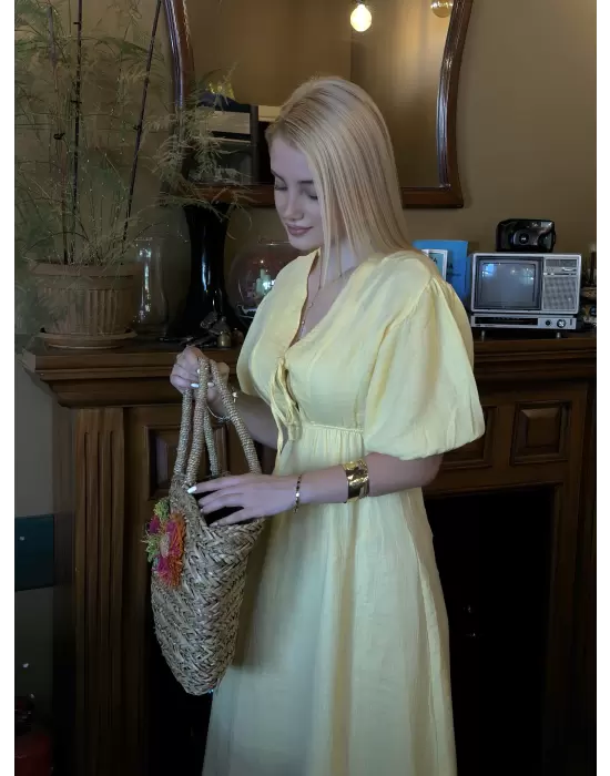 Vayla Pastel Sarı Müslin Kumaş Bağlama Detaylı Elbise