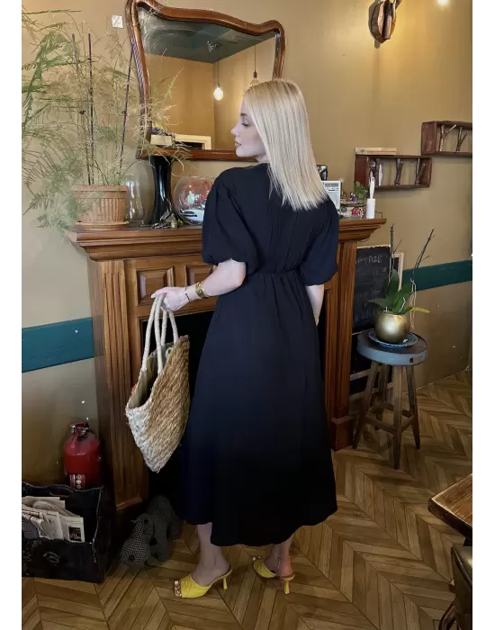 Vayla Siyah Müslin Kumaş Bağlama Detaylı Elbise