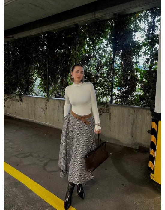 Volanlı Cepli Gri Ekose Oduncu Etek