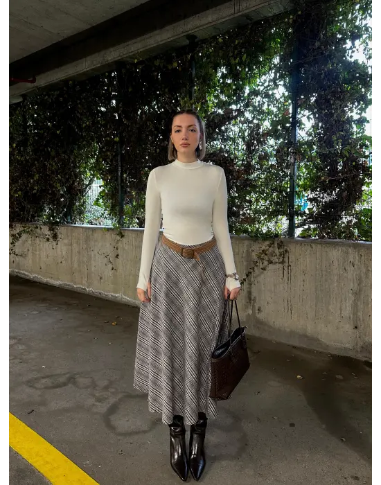 Volanlı Cepli Gri Ekose Oduncu Etek