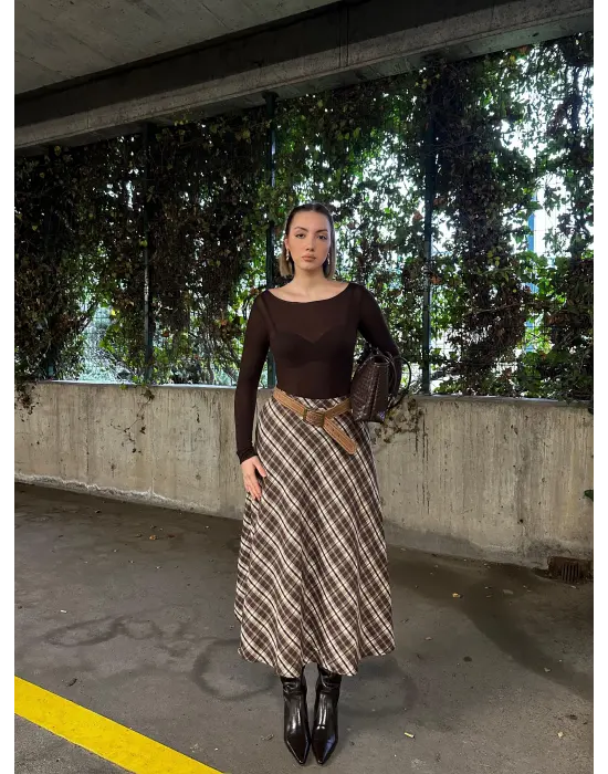 Volanlı Cepli Kahve Ekose Oduncu Etek