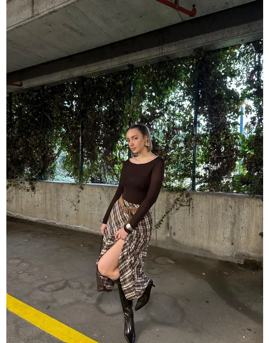 Volanlı Cepli Kahve Ekose Oduncu Etek