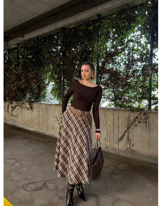 Volanlı Cepli Kahve Ekose Oduncu Etek