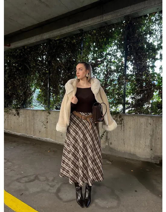 Volanlı Cepli Kahve Ekose Oduncu Etek