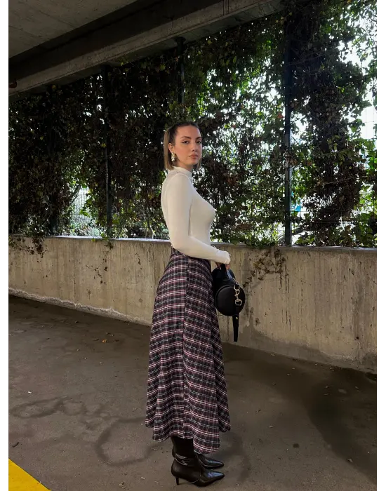 Volanlı Cepli Laci Ekose Oduncu Etek