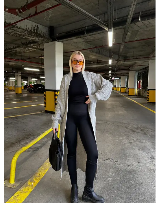 Vox Gri Balon Kol Maxi Boy Triko Hırka