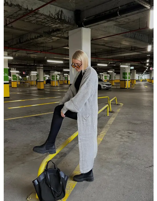 Vox Gri Balon Kol Maxi Boy Triko Hırka