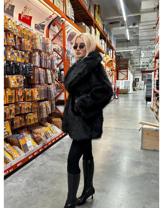 Zr Model Kemerli Yumuş Siyah Kürk