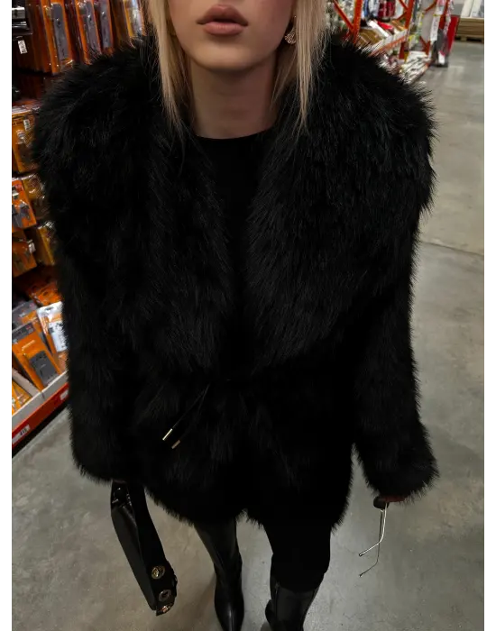 Zr Model Kemerli Yumuş Siyah Kürk