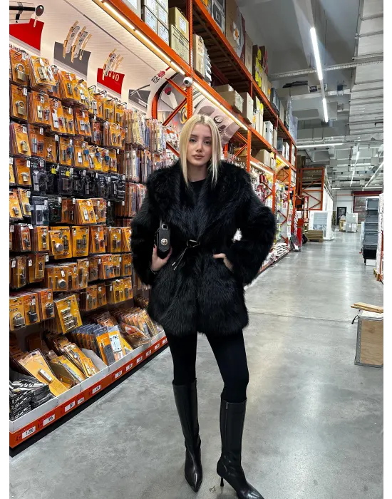 Zr Model Kemerli Yumuş Siyah Kürk