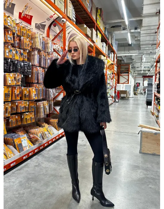 Zr Model Kemerli Yumuş Siyah Kürk