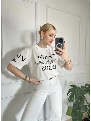 Baskılı Orijinal Marka Oversize Pamuk Beyaz Tshirt