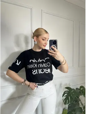 Baskılı Orijinal Marka Oversize Pamuk Siyah Tshirt