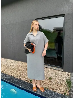 Bohem Gri Keten Polo Yaka Elbise