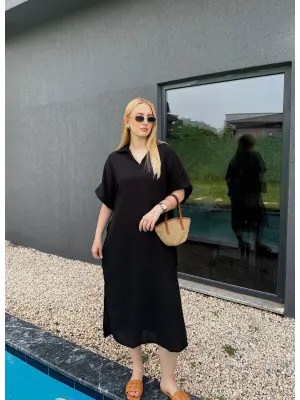 Bohem Siyah Keten Polo Yaka Elbise