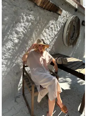 Bohem Taş Keten Polo Yaka Elbise