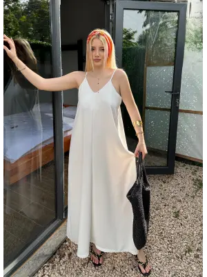 Bohemian Beyaz Ayarlanabilir İp Askılı Salaş Elbise