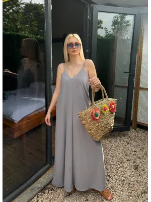 Bohemian Gri Ayarlanabilir İp Askılı Salaş Elbise