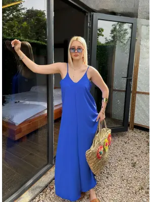 Bohemian Saks Mavi Ayarlanabilir İp Askılı Salaş Elbise